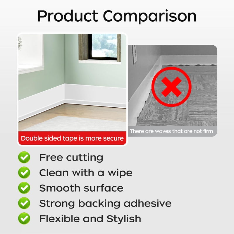 YYGCL Flexible Baseboard Molding Trim 3 Inch(W) x 20 Feet(L) Self Adhesive Vinyl Wall Base Peel and Stick Cove Base Rubber Wall Base. (White) - Image 4